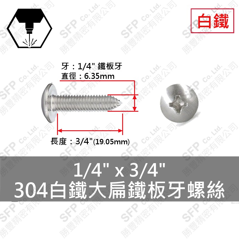 304白鐵大扁鐵板牙螺絲 1/4"*3/4" SUS304