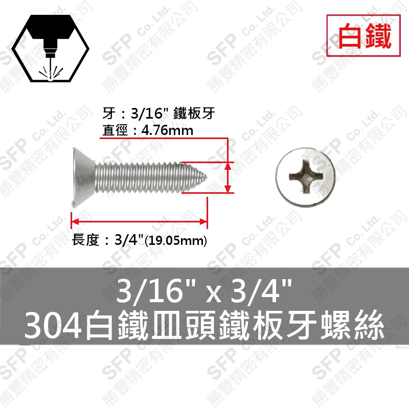 304白鐵皿頭鐵板牙螺絲 3/16"*3/4" SUS304