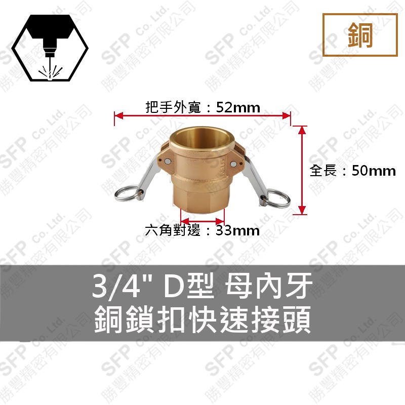 銅鎖扣快速接頭 3/4" D型 母內牙