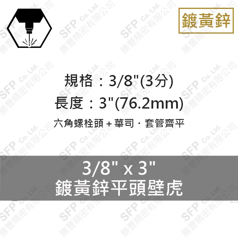 鍍黃鋅平頭壁虎 3/8"*3"