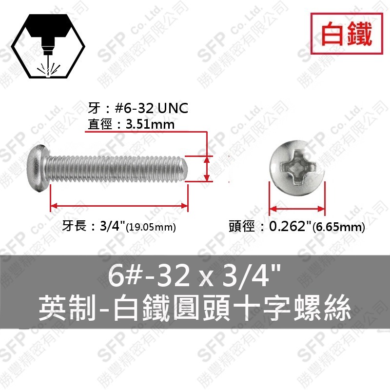 304白鐵圓頭十字螺絲 6#-32*3/4" SUS304