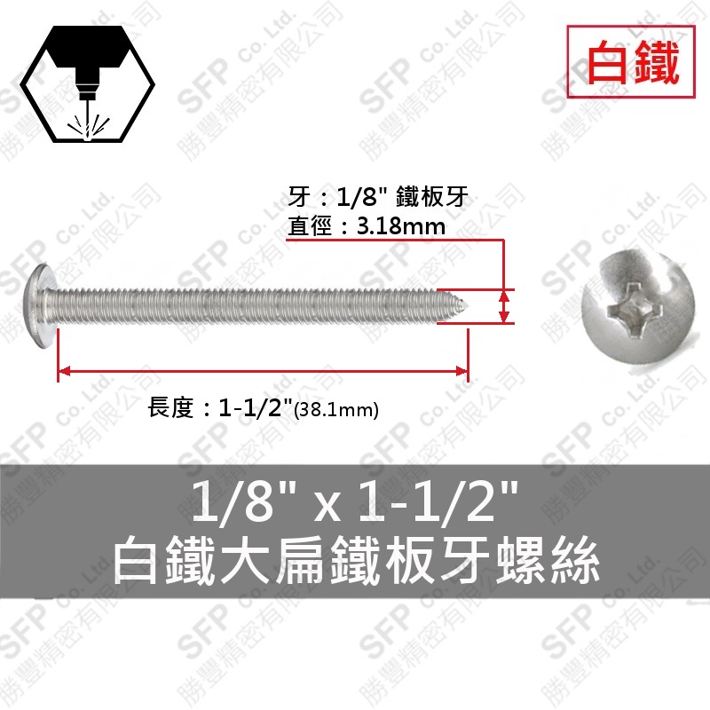 304白鐵大扁鐵板牙螺絲 1/8"*1-1/2" SUS304