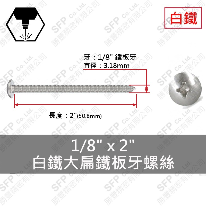 304白鐵大扁鐵板牙螺絲 1/8"*2" SUS304