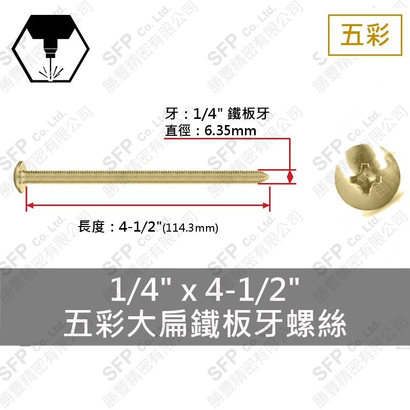 五彩大扁鐵板牙螺絲 1/4"*4-1/2"