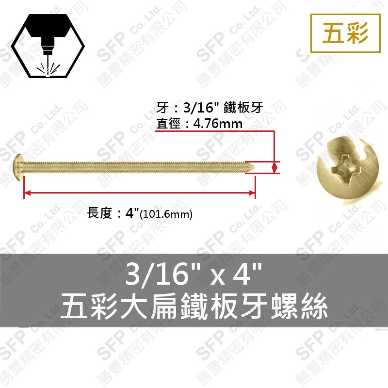 五彩大扁鐵板牙螺絲 3/16"*4"