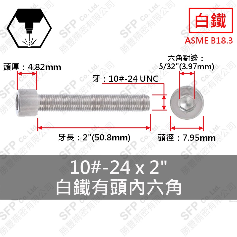304白鐵有頭內六角 10#-24*2" SUS304