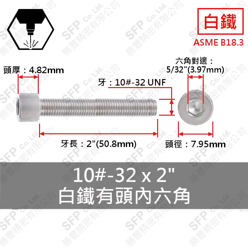 304白鐵有頭內六角 10#-32(細牙)*2" SUS304
