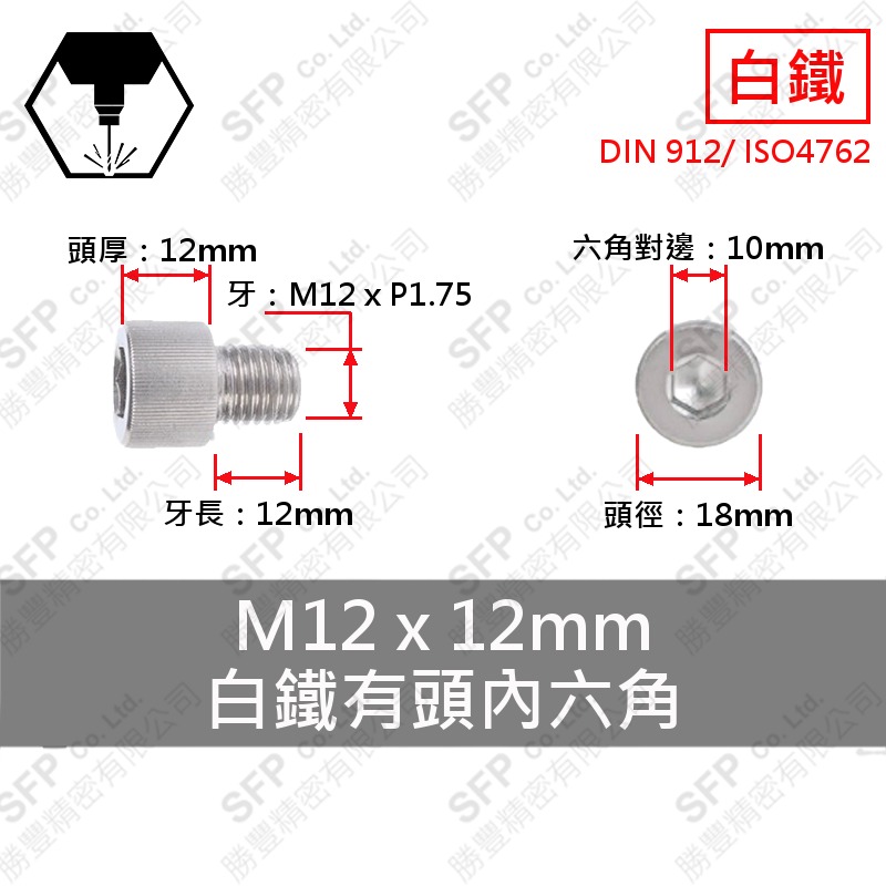 304白鐵有頭內六角 M12*12 SUS304