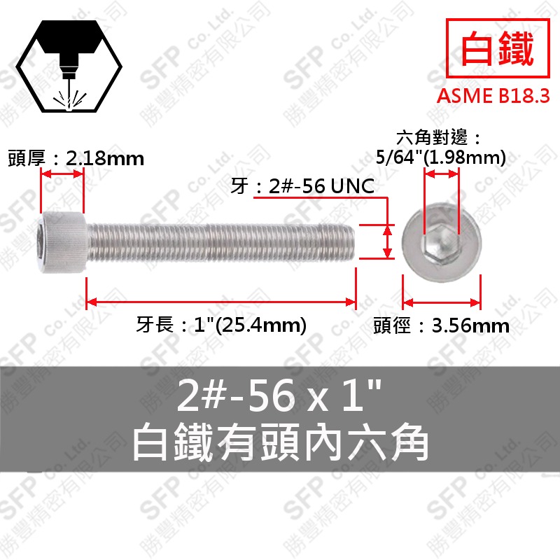 304白鐵有頭內六角 2#-56*1" SUS304