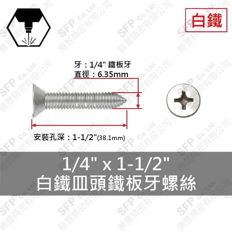 304白鐵皿頭鐵板牙螺絲 1/4"*1-1/2" SUS304