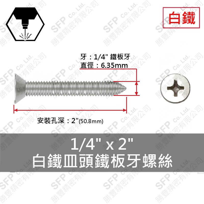 304白鐵皿頭鐵板牙螺絲 1/4"*2" SUS304
