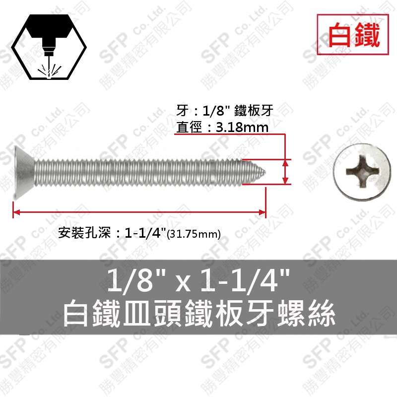 304白鐵皿頭鐵板牙螺絲 1/8"*1-1/4" SUS304