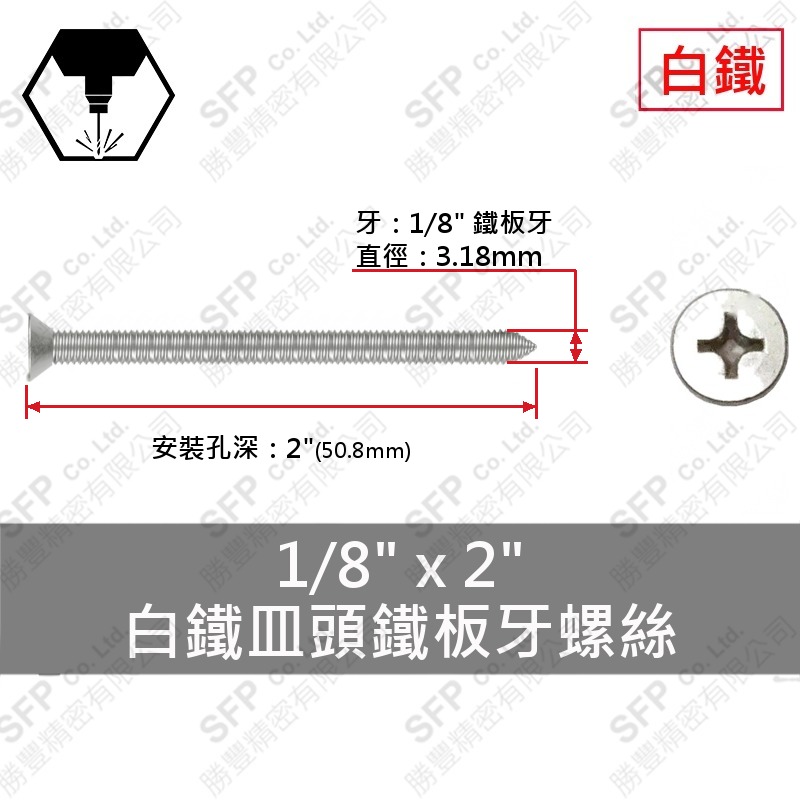 304白鐵皿頭鐵板牙螺絲 1/8"*2" SUS304