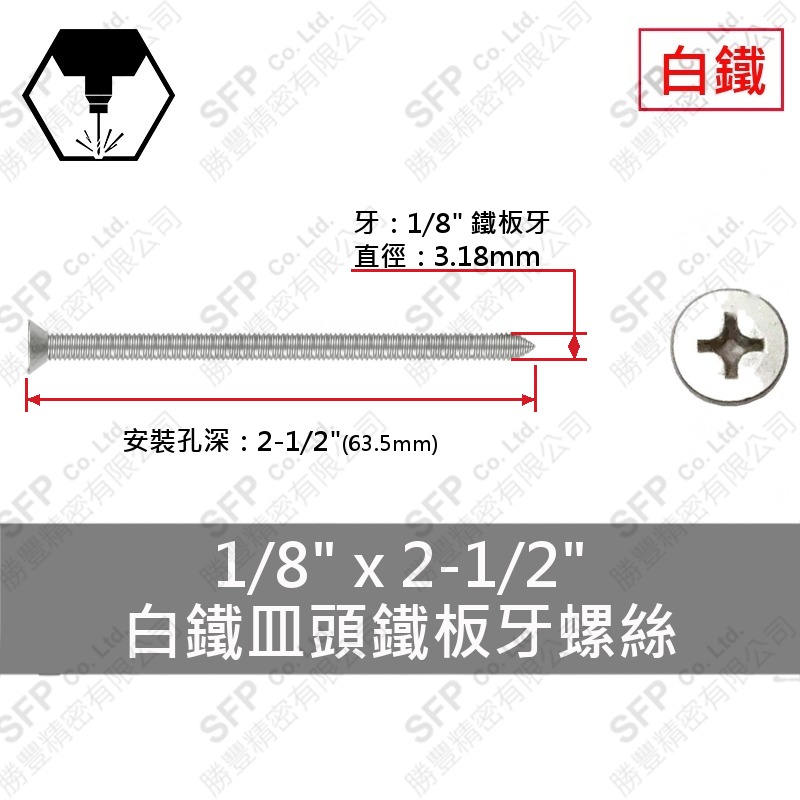 304白鐵皿頭鐵板牙螺絲 1/8"*2-1/2" SUS304