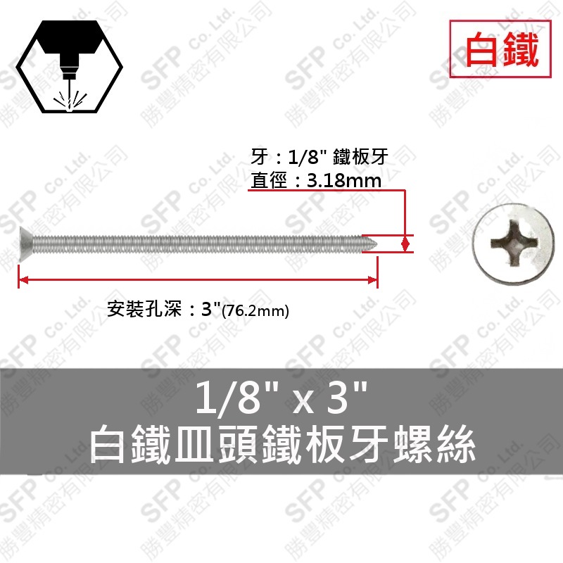 304白鐵皿頭鐵板牙螺絲 1/8"*3" SUS304