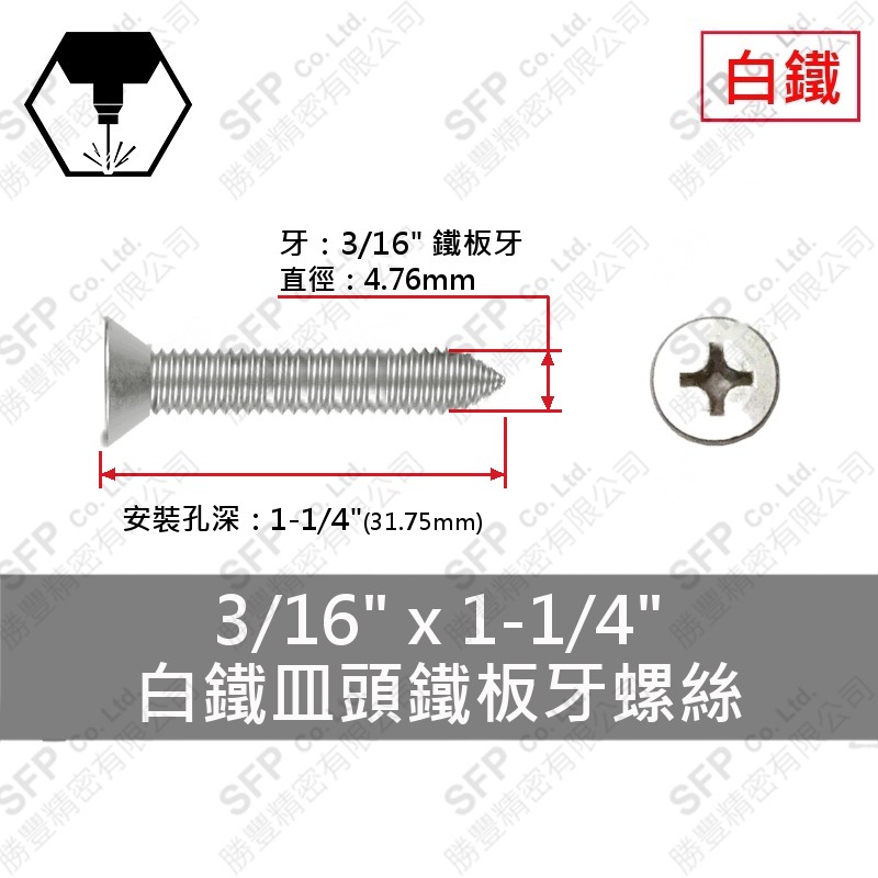 304白鐵皿頭鐵板牙螺絲 3/16"*1-1/4" SUS304