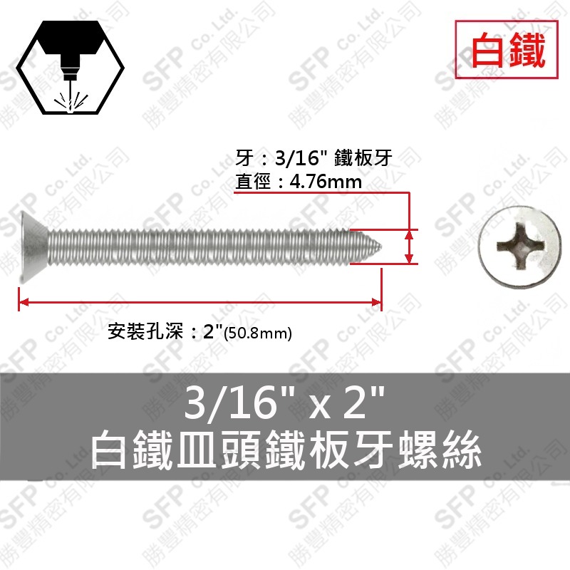 304白鐵皿頭鐵板牙螺絲 3/16"*2" SUS304