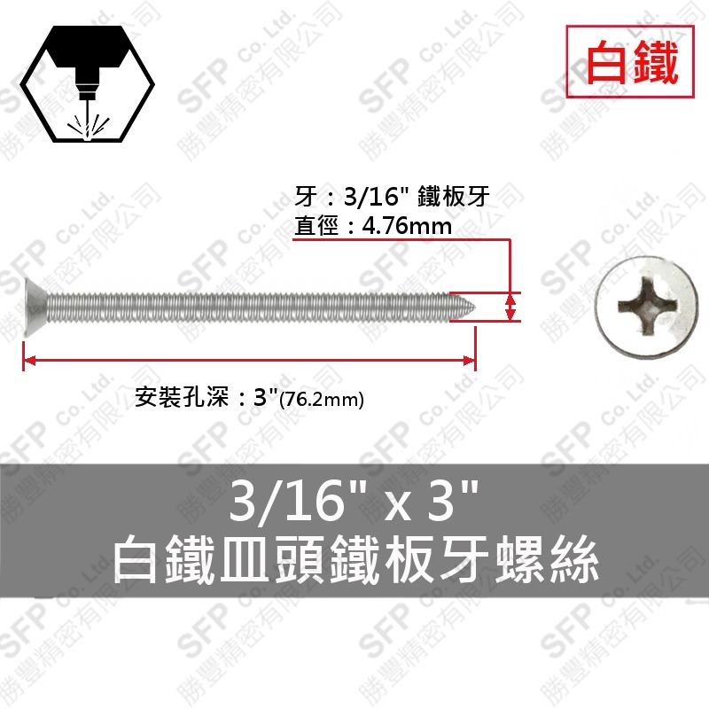304白鐵皿頭鐵板牙螺絲 3/16"*3" SUS304