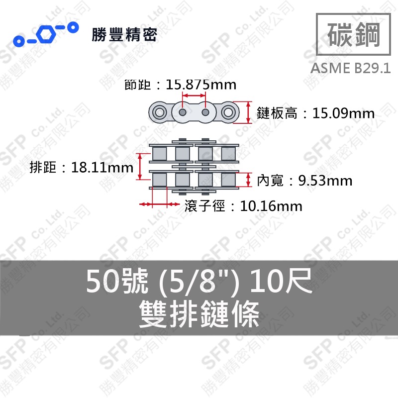 雙排鏈條 50號 (5/8") 10尺 ASME B29.1 碳鋼