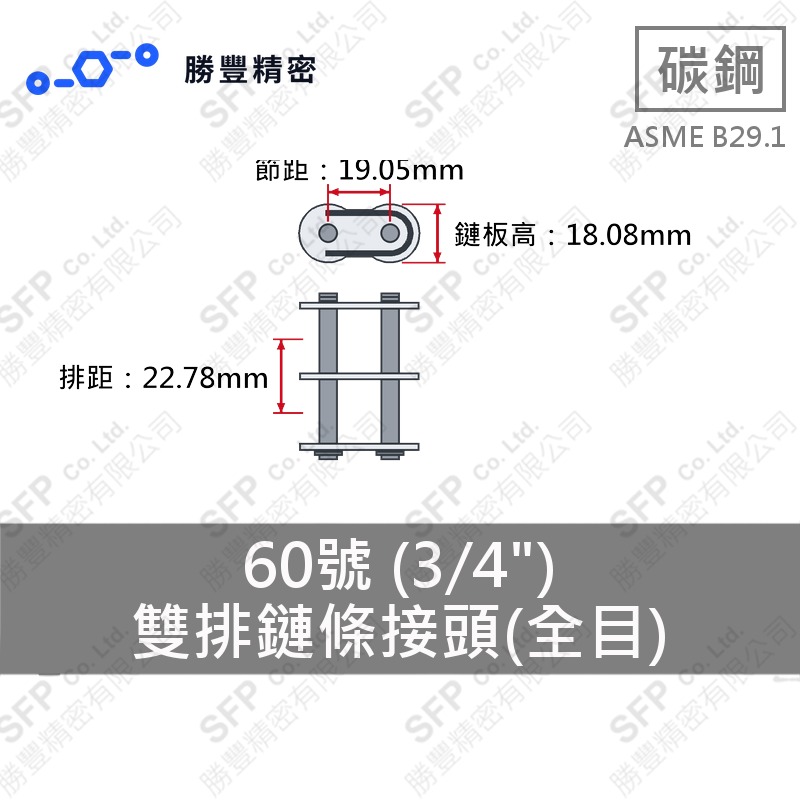 雙排鏈條接頭(全目) 60號 (3/4") ASME B29.1 碳鋼