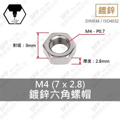 鍍鋅六角螺帽 M4 (8*3.5)-8邊