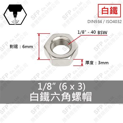 304白鐵六角螺帽 1/8" (6*2.9)