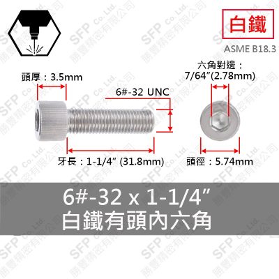 304白鐵有頭內六角 6#-32*1-1/4"