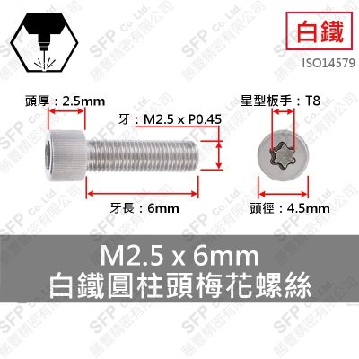 304白鐵圓柱頭梅花螺絲 M2.5*6