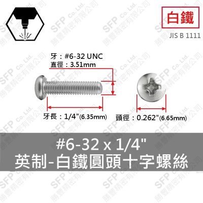 304白鐵圓頭十字螺絲 6#-32*1/4"