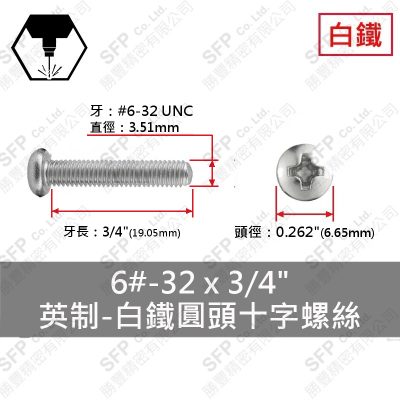 304白鐵圓頭十字螺絲 6#-32*3/4"