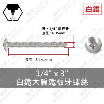 304白鐵大扁鐵板牙螺絲 1/4"*3"
