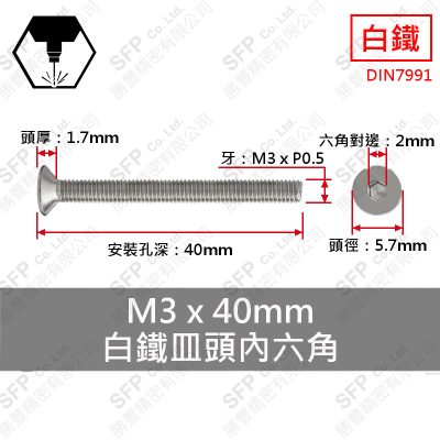304白鐵皿頭內六角 M3*40