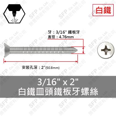 304白鐵皿頭鐵板牙螺絲 3/16"*2"